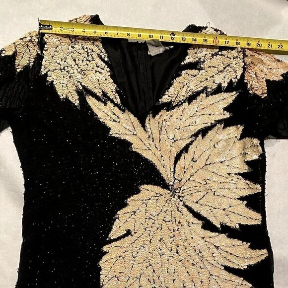 Vintage 80s Sho Max sequin dress opalescent creme black leaf design art nouveau - Picture 11 of 15